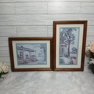 2 Vtg Framed Art Prints by Kay Lamb Shannon, Cottage Core Porch Country Decor